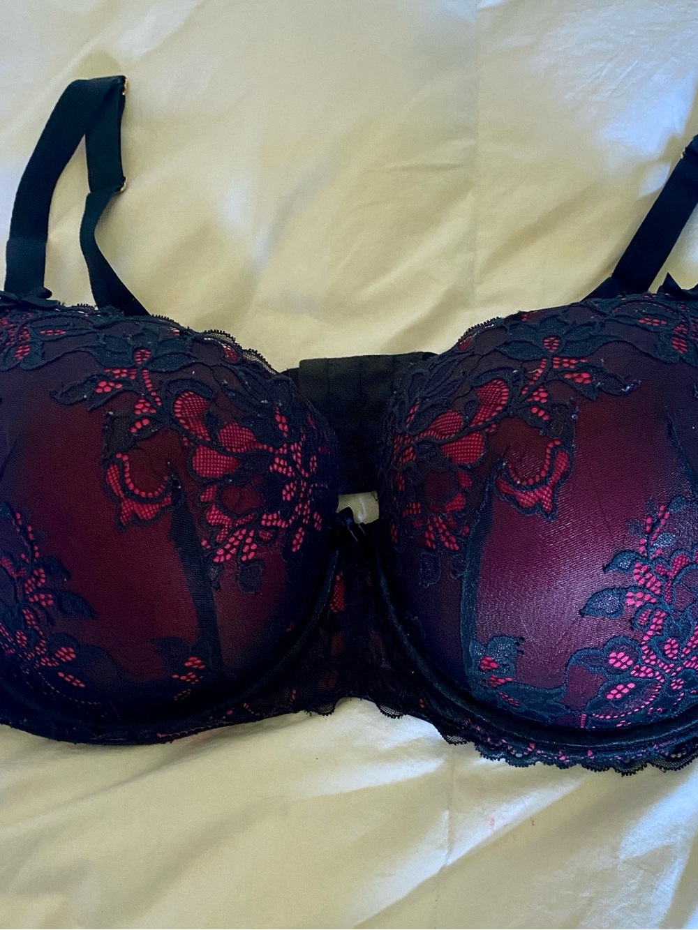Cacique Black Lace Overlay Demi Bra with Burgundy Underlay